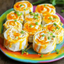 Buffalo chicken pinwheels are a tasty and fun snack. They combine shredded chicken with creamy ranch and spicy buffalo sauce. You wrap this mixture in tortillas and slice them into bite-sized pieces. This dish is great for sharing at parties or game days.