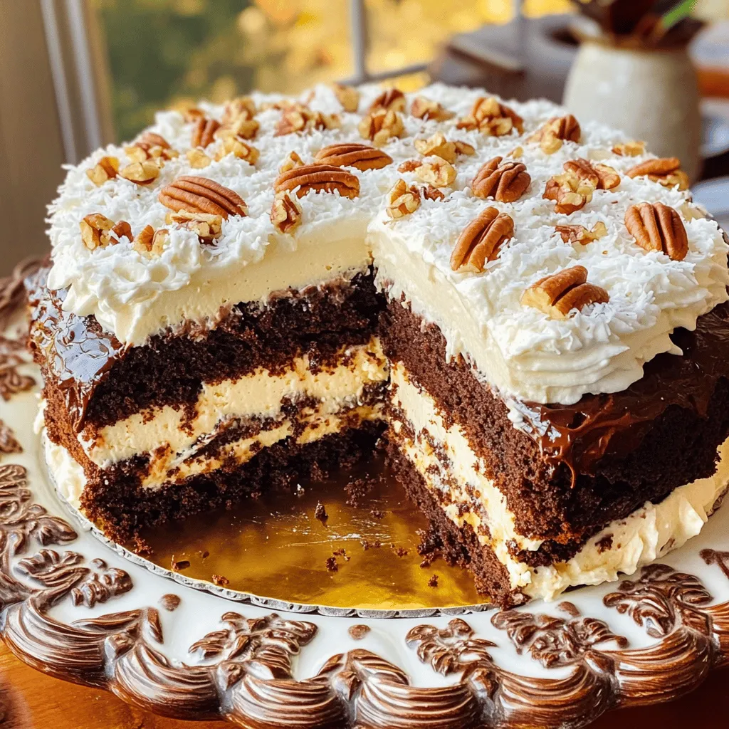 To make a delicious German chocolate poke cake, you need some key ingredients. First, you will need a box of German chocolate cake mix. This mix gives the cake its rich chocolate flavor. Next, use water, vegetable oil, and three large eggs to prepare the cake batter.