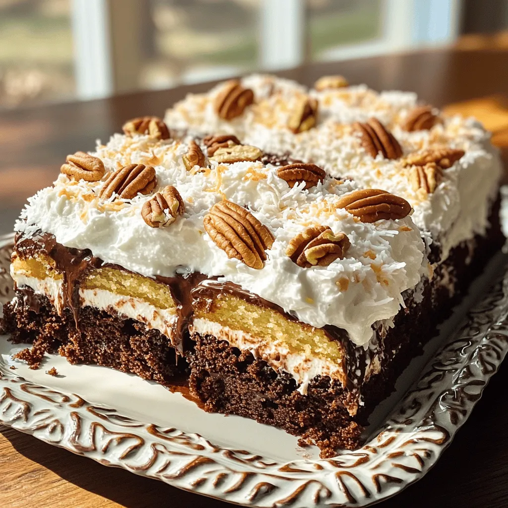 To make a delicious German chocolate poke cake, you need some key ingredients. First, you will need a box of German chocolate cake mix. This mix gives the cake its rich chocolate flavor. Next, use water, vegetable oil, and three large eggs to prepare the cake batter.
