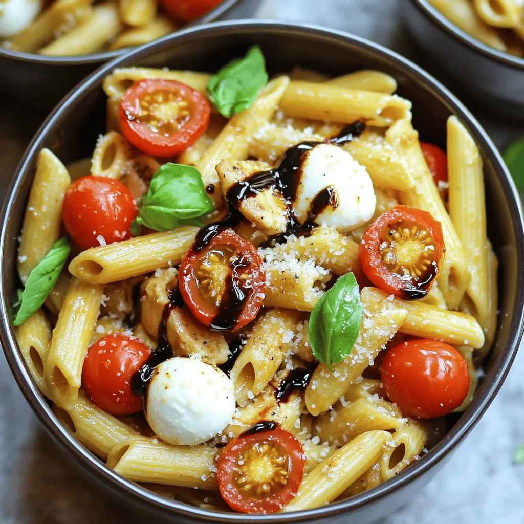 To make delicious bruschetta chicken pasta, you need some simple yet tasty ingredients. Start with two diced chicken breasts. They give the dish a nice protein boost. Next, add eight ounces of penne pasta. This pasta shape holds the sauce well. Then, grab a cup of halved cherry tomatoes. Their sweetness adds a pop of flavor. You also need half a cup of fresh basil, three minced garlic cloves, and a quarter cup of balsamic glaze. These ingredients make the dish fresh and vibrant. You can’t forget about olive oil, salt, and pepper. Lastly, include fresh mozzarella balls and some grated Parmesan cheese for topping.