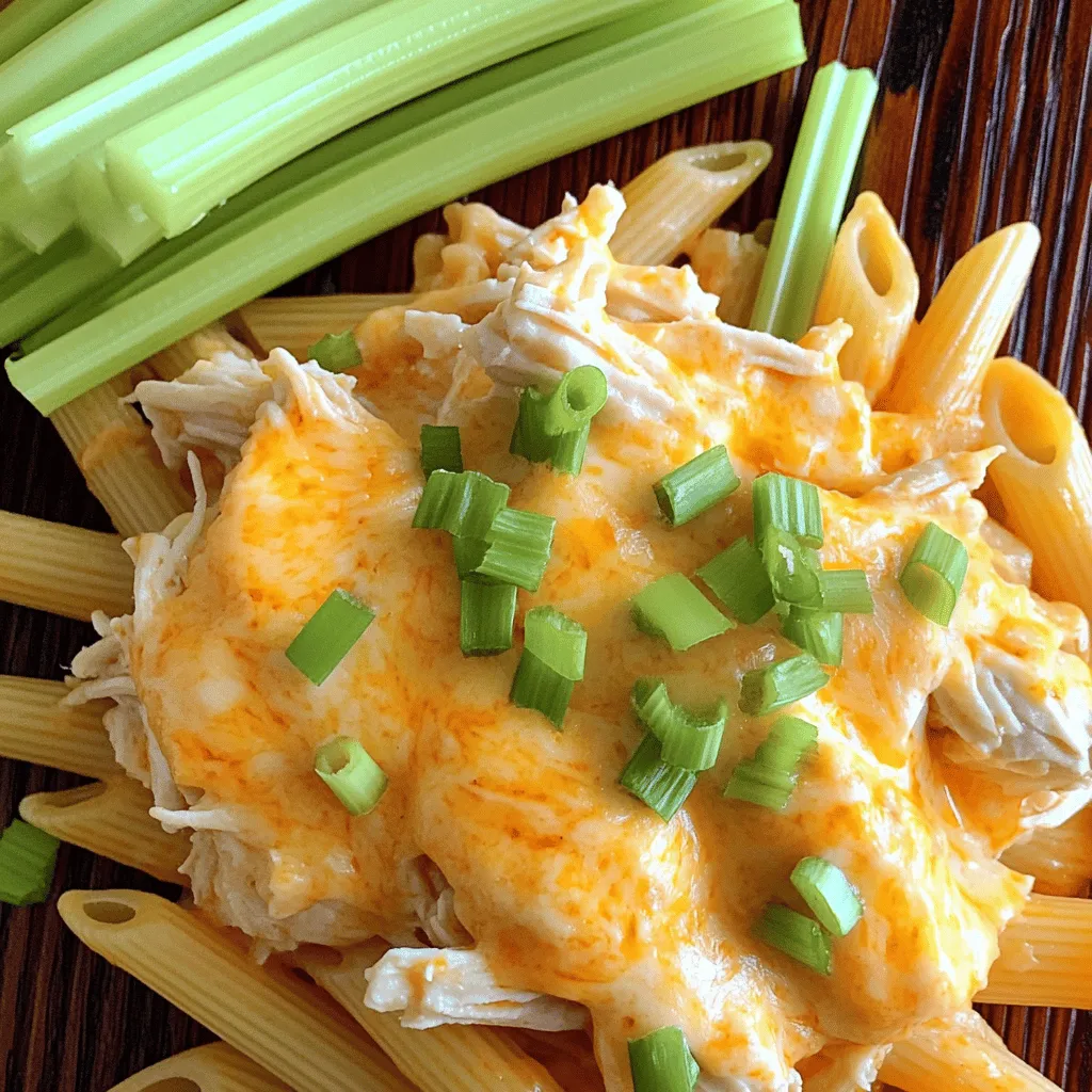 To make a great crock pot buffalo chicken pasta, I pick fresh and tasty ingredients. Here’s what you need: