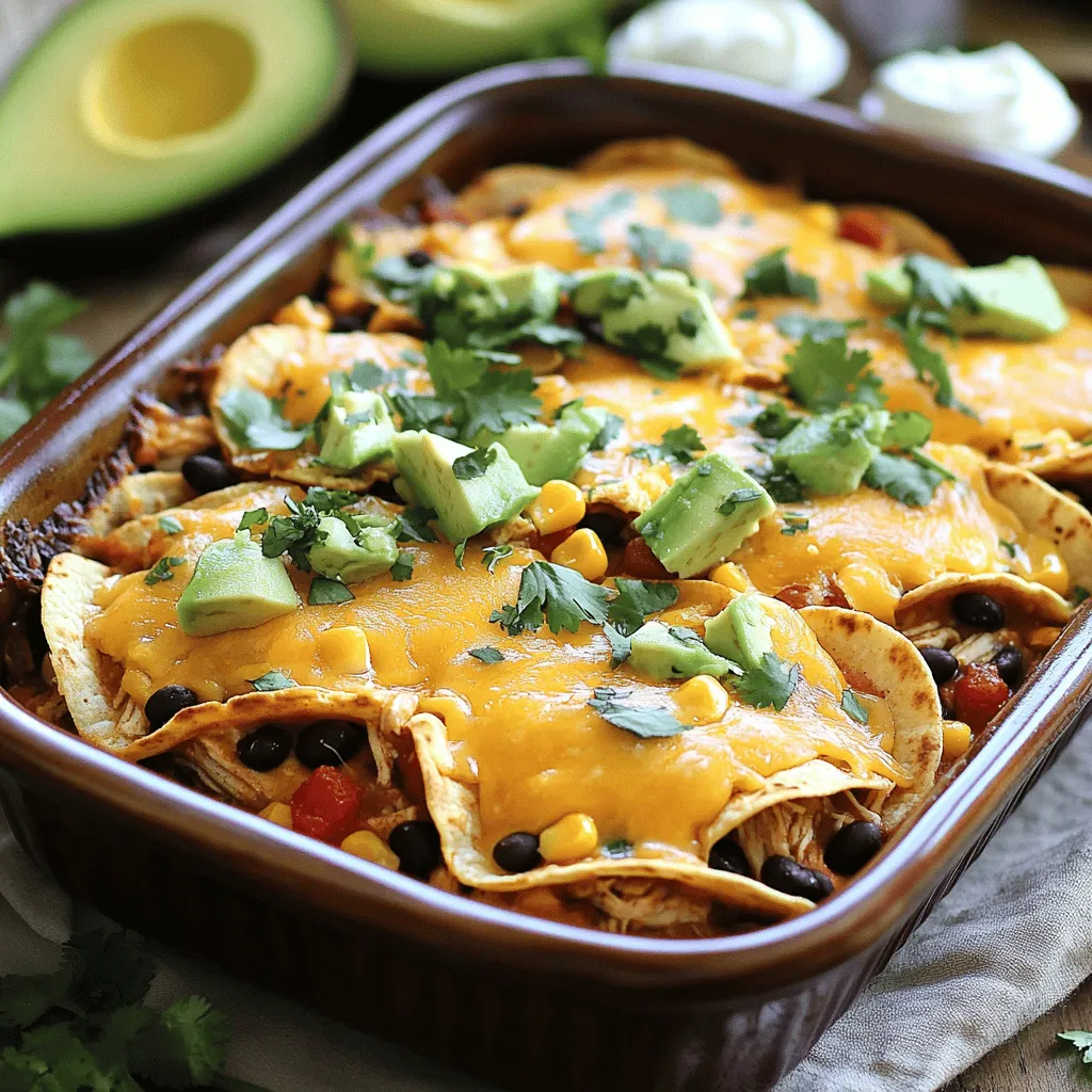 The key ingredients for chicken tortilla casserole include cooked chicken, black beans, and corn. You also need diced tomatoes with green chilies, salsa, and corn tortillas. Lastly, shredded cheese brings that melty goodness. Use about two cups of shredded chicken to start. This gives the dish a hearty base.