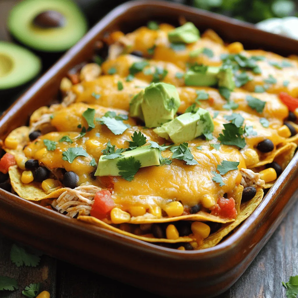 The key ingredients for chicken tortilla casserole include cooked chicken, black beans, and corn. You also need diced tomatoes with green chilies, salsa, and corn tortillas. Lastly, shredded cheese brings that melty goodness. Use about two cups of shredded chicken to start. This gives the dish a hearty base.