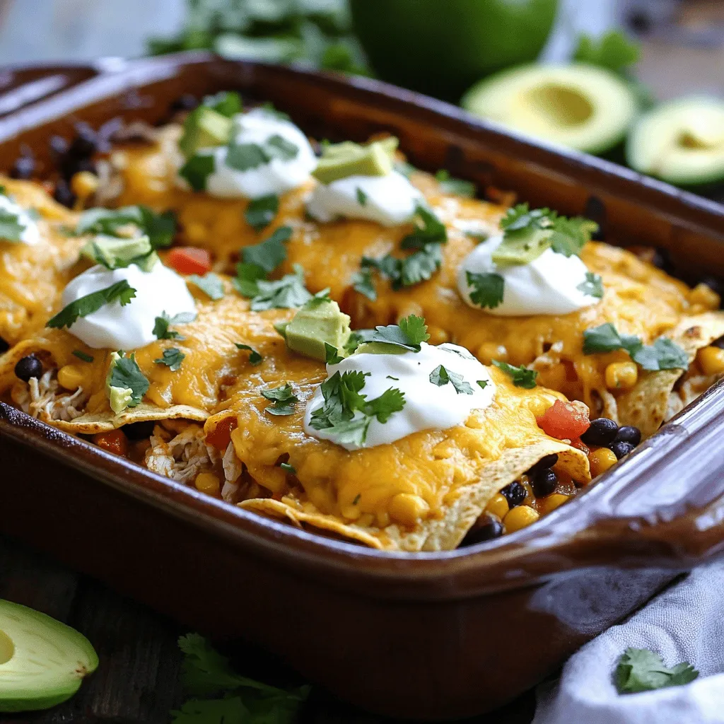 The key ingredients for chicken tortilla casserole include cooked chicken, black beans, and corn. You also need diced tomatoes with green chilies, salsa, and corn tortillas. Lastly, shredded cheese brings that melty goodness. Use about two cups of shredded chicken to start. This gives the dish a hearty base.