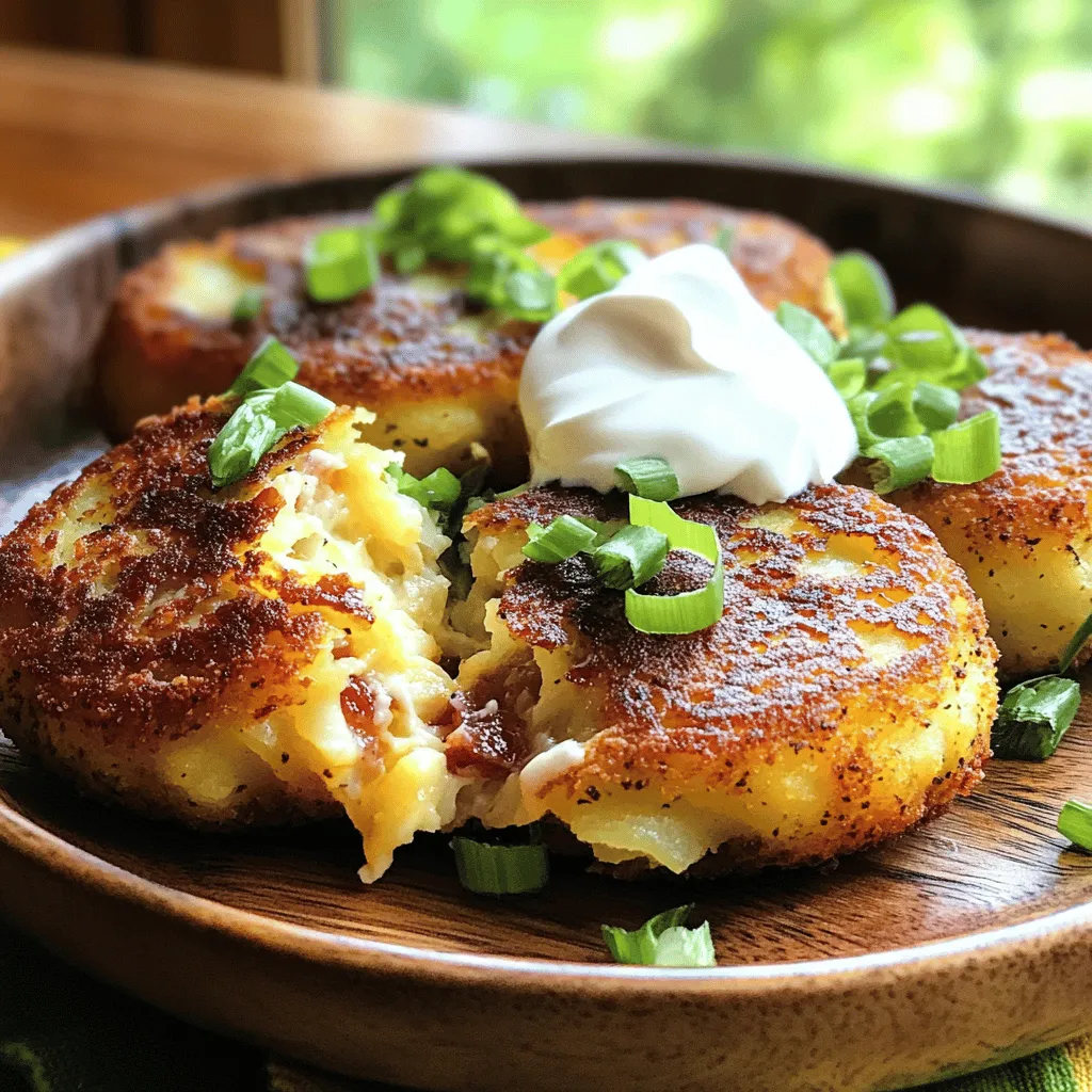 To make quick stuffed potato cakes, you need simple ingredients. Start with 2 large russet potatoes. Peel and cube them. You will also need 1 cup of shredded cheese. Cheddar works great, but use any cheese you love. Add 1/2 cup of cooked bacon for a savory touch. If you prefer plant-based options, that works too! You will need 1/4 cup of green onions, finely chopped. This adds a fresh flavor. Don't forget 1/2 cup of all-purpose flour, 1 large egg, and 1 teaspoon of garlic powder. Finally, season with salt and pepper to taste.