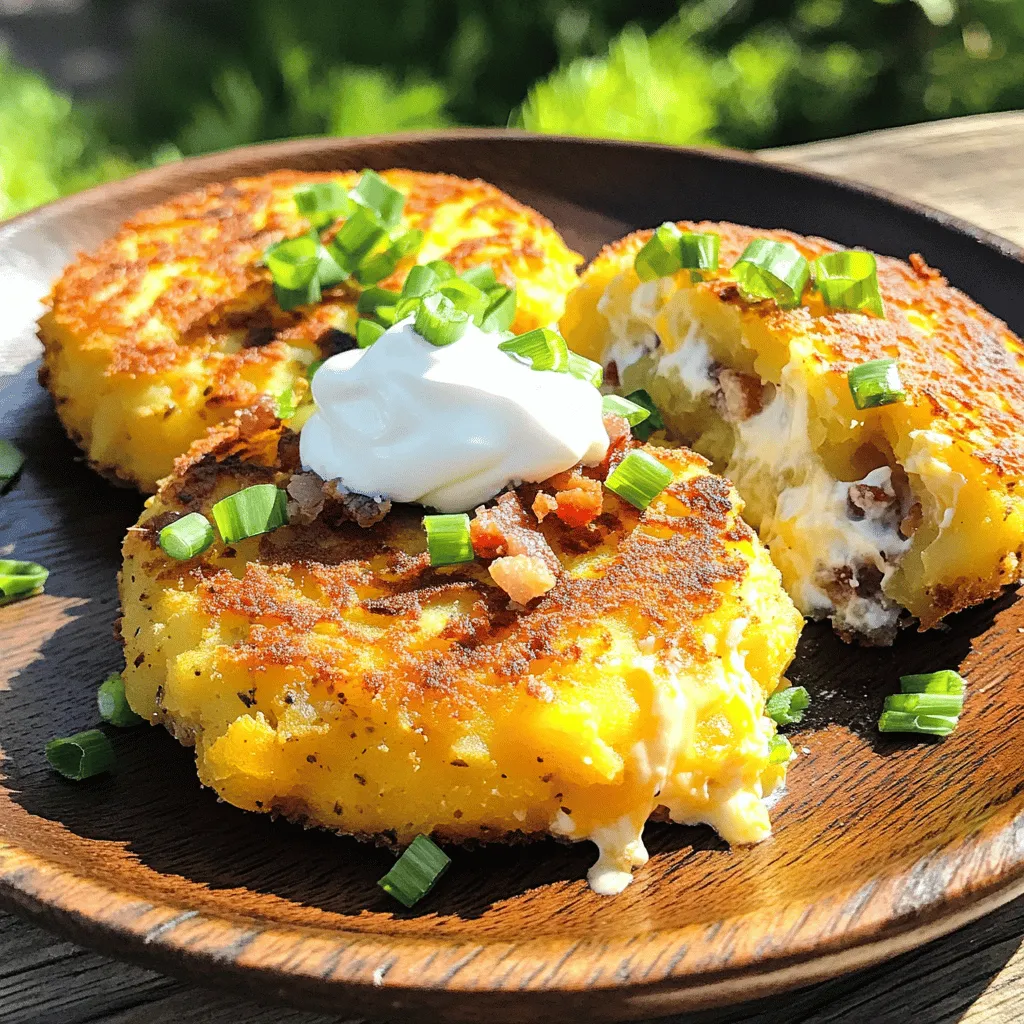 To make quick stuffed potato cakes, you need simple ingredients. Start with 2 large russet potatoes. Peel and cube them. You will also need 1 cup of shredded cheese. Cheddar works great, but use any cheese you love. Add 1/2 cup of cooked bacon for a savory touch. If you prefer plant-based options, that works too! You will need 1/4 cup of green onions, finely chopped. This adds a fresh flavor. Don't forget 1/2 cup of all-purpose flour, 1 large egg, and 1 teaspoon of garlic powder. Finally, season with salt and pepper to taste.