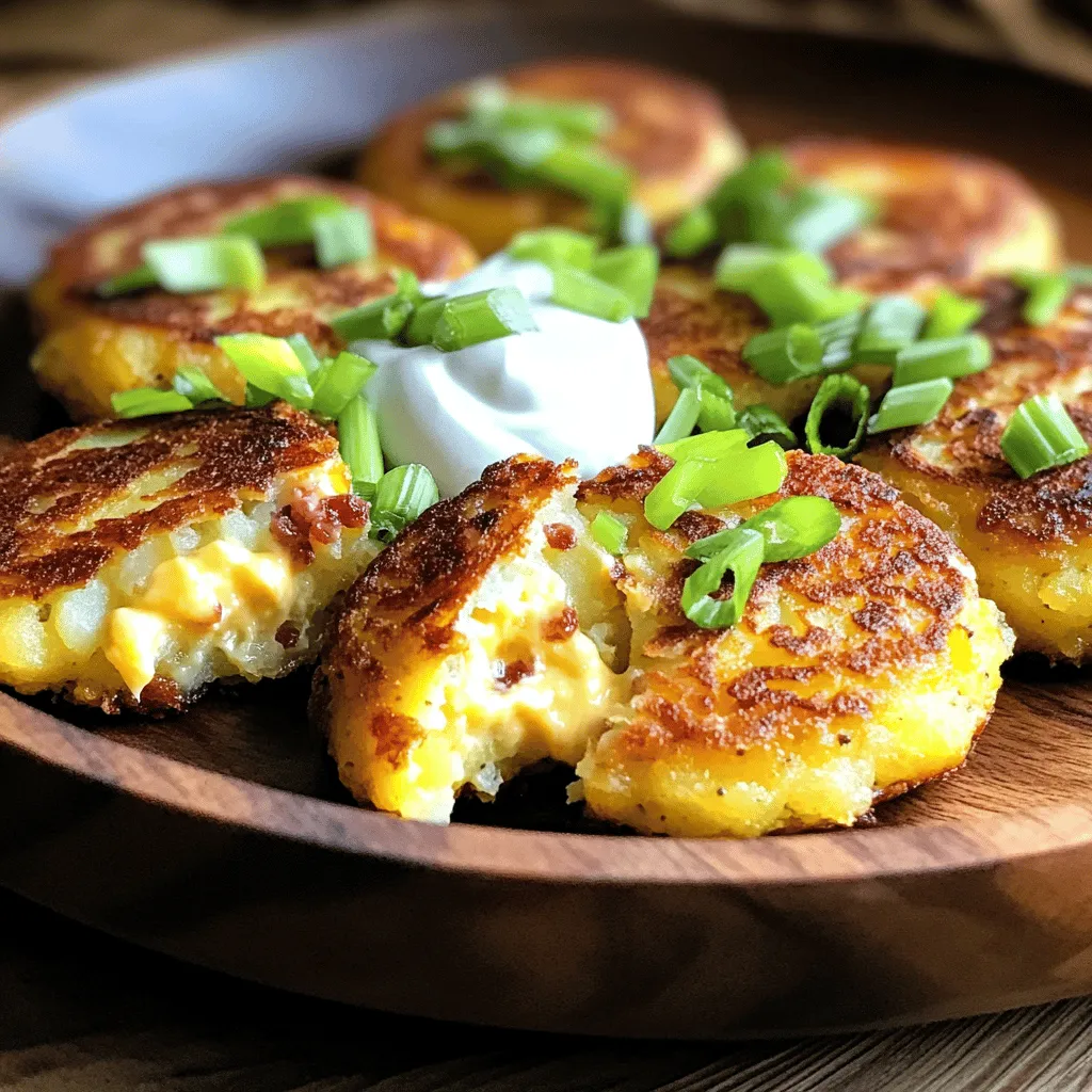 To make quick stuffed potato cakes, you need simple ingredients. Start with 2 large russet potatoes. Peel and cube them. You will also need 1 cup of shredded cheese. Cheddar works great, but use any cheese you love. Add 1/2 cup of cooked bacon for a savory touch. If you prefer plant-based options, that works too! You will need 1/4 cup of green onions, finely chopped. This adds a fresh flavor. Don't forget 1/2 cup of all-purpose flour, 1 large egg, and 1 teaspoon of garlic powder. Finally, season with salt and pepper to taste.