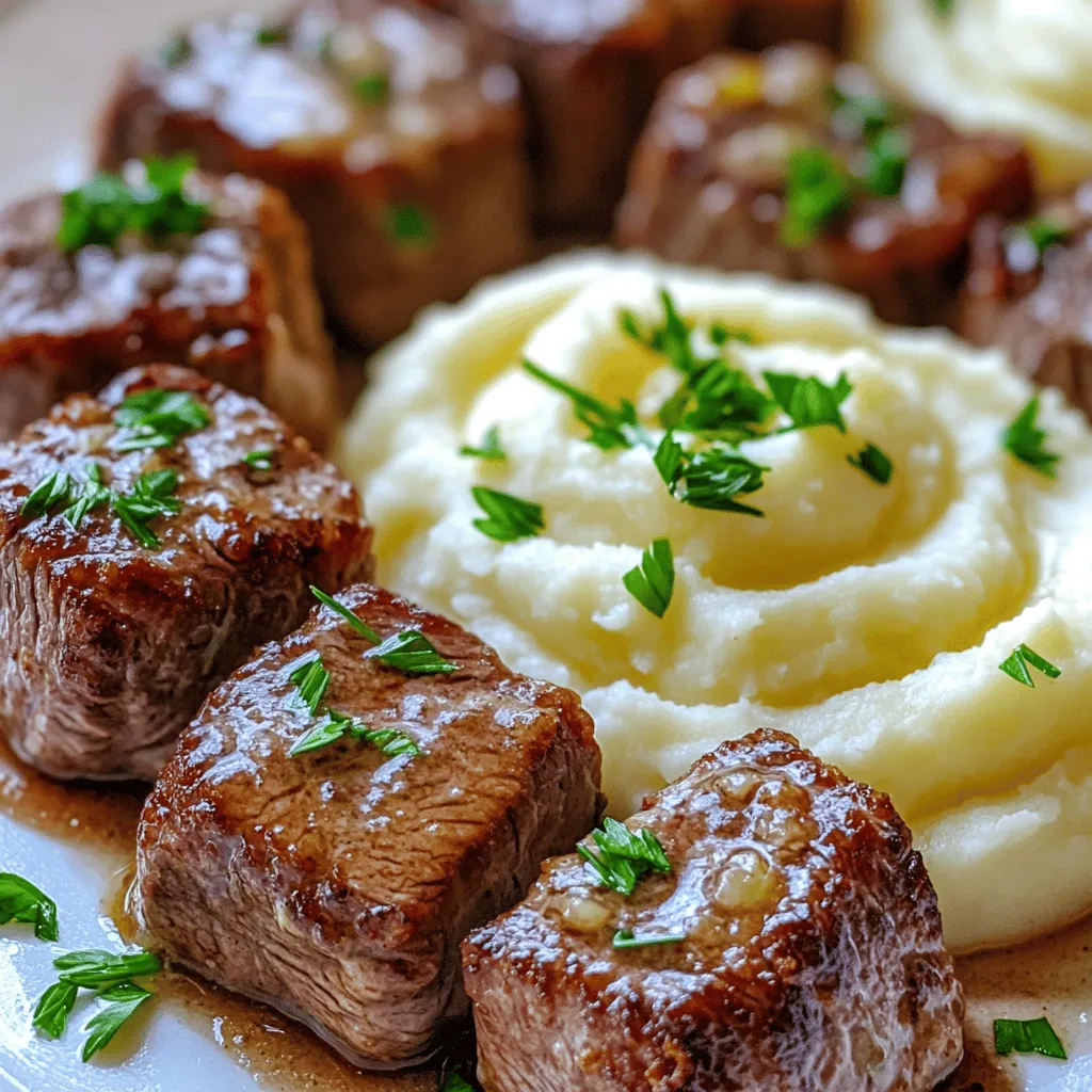 To make garlic butter steak bites and mash, you need a few key ingredients. First, choose 1 pound of beef sirloin. This cut works best for steak bites. It cooks quickly and stays tender.