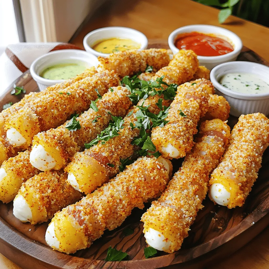 To make Nashville hot bacon-wrapped mozzarella sticks, you need a few key ingredients. First, grab 12 mozzarella sticks. These are the stars of the show. Next, you'll need 12 slices of bacon, which adds flavor and crunch. For the breading, collect 1 cup of all-purpose flour, 2 large eggs (beaten), and 1 cup of panko breadcrumbs.