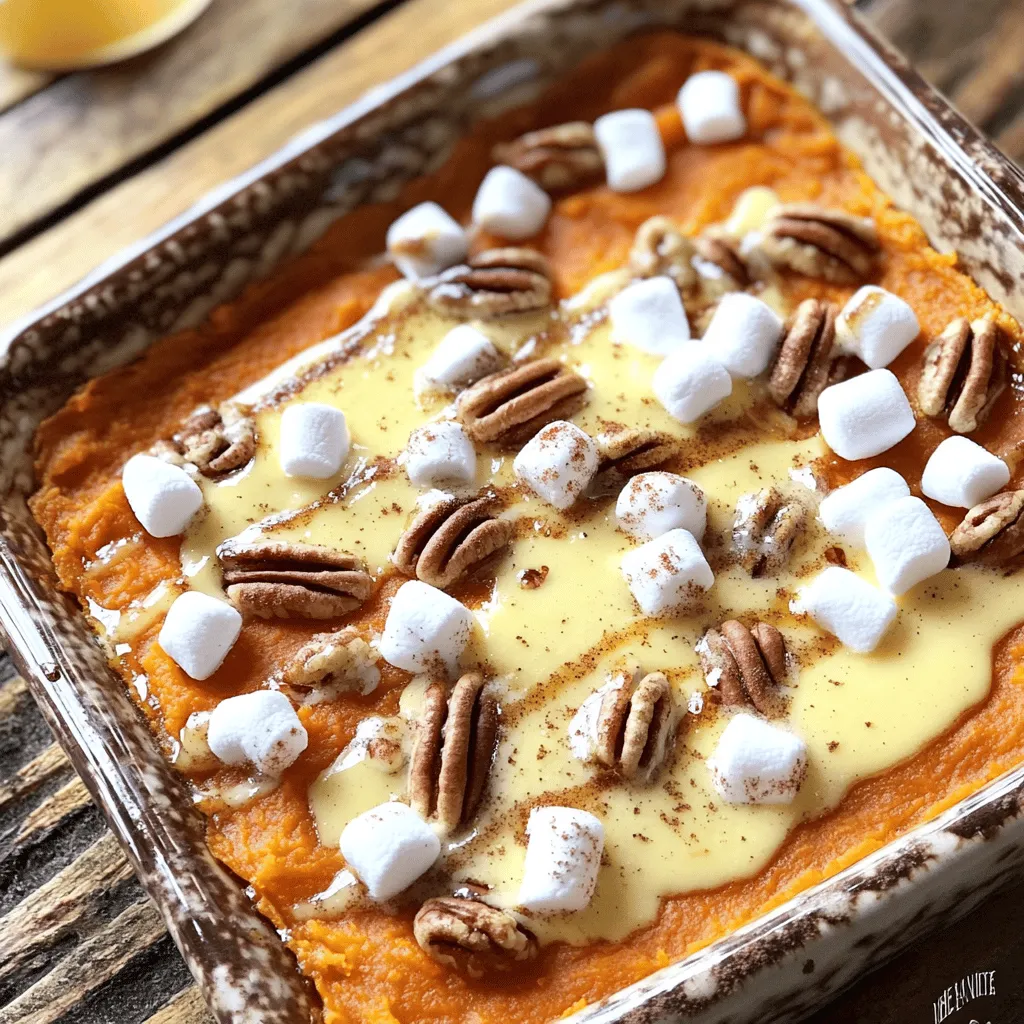 To make sweet potato casserole, you need a few key items. First, grab four medium sweet potatoes, about two pounds. Peel and cube them before cooking. You’ll also need half a cup of brown sugar and a quarter cup of granulated sugar for sweetness. Melt half a cup of unsalted butter and mix in half a cup of milk. Two large eggs will help bind the casserole. For flavor, add one teaspoon of vanilla extract, one teaspoon of cinnamon, a quarter teaspoon of nutmeg, and a quarter teaspoon of salt. Lastly, don’t forget two cups of mini marshmallows for that sweet, toasted topping.