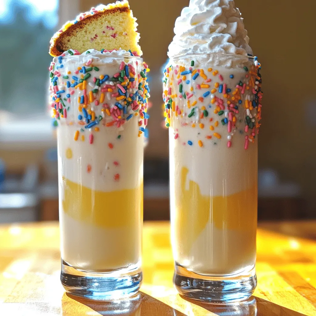 To make a cake batter milkshake, you need simple and fun ingredients. The base starts with <strong>2 cups of vanilla ice cream</strong>. This gives the shake a creamy and sweet taste.” /></p>
</p>
<h2>What Variations Can Be Made with Cake Batter Milkshake Recipes?</h2>
</p>
<p>You can have fun with cake milkshake variations. Let’s explore some tasty options together.</p>
</p>
<h3>How do you create a chocolate cake batter milkshake?</h3>
</p>
<p>To make a chocolate cake batter milkshake, start with the base recipe. Replace the cake mix with chocolate cake mix. You can also add chocolate ice cream for extra richness. Blend as usual, and enjoy a sweet, chocolatey treat. This shake is great for chocolate lovers.</p>
</p>
<h3>What are fun variations for seasonal flavors?</h3>
</p>
<p>Seasonal flavors can make your cake milkshake even more special. For fall, use pumpkin cake mix and add a dash of cinnamon. In winter, try peppermint cake mix with crushed candy canes on top. For summer, go for strawberry cake mix and fresh strawberries. Each season brings a new twist!</p>
</p>
<h3>How can you incorporate fruit flavors into the milkshake?</h3>
</p>
<p>You can easily add fruit flavors to your milkshake. Use fruit-flavored cake mix, like strawberry or lemon. Blend in fresh fruit pieces, like bananas or berries. This gives a fresh taste and adds a fun texture. The fruit makes it feel light and refreshing on hot days.</p>
</p>
<p>Feel free to explore these cake milkshake variations. They add a fun twist to the classic cake batter milkshake recipe.</p>
</p>
<h2>What Are the Best Tips for a Perfect Cake Batter Milkshake?</h2>
</p>
<p>To make the best cake batter milkshake, start with the right ice cream. I love using vanilla ice cream for its rich flavor. It blends well with cake mix, creating a sweet base. You can also try funfetti ice cream for extra fun.</p>
</p>
<p>To achieve the creamiest consistency, blend the ice cream and milk well. Use whole milk or 2% milk for a smooth texture. If your mixture is too thick, add a splash of milk. Blend again until it’s just right.</p>
</p>
<p>Garnishing techniques can elevate your presentation. Top your milkshake with whipped cream for a fluffy finish. Add colorful sprinkles for a pop of color. You can even place a slice of cake on top for a wow factor!</p>
</p>
<p>Common mistakes often happen when making a milkshake. One mistake is using too much cake mix. It can make your shake too thick and dry. Another mistake is not blending long enough. Make sure you blend until smooth for the best taste.</p>
</p>
<p>For the full recipe, check the link to enjoy this delightful treat.</p>
</p>
<p><img decoding=