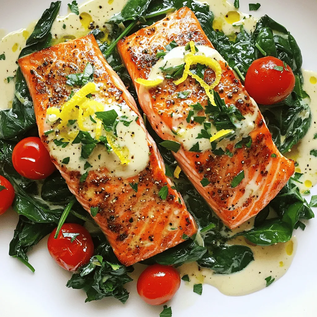 For a great pan-seared salmon recipe, you need fresh salmon fillets, spinach, and cherry tomatoes. You will also need garlic, lemon juice, olive oil, and butter. Heavy cream adds a rich flavor, while red pepper flakes give a little heat. Finally, salt, pepper, and lemon zest garnish the dish beautifully.