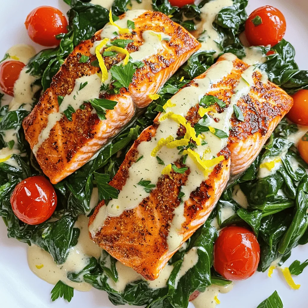 For a great pan-seared salmon recipe, you need fresh salmon fillets, spinach, and cherry tomatoes. You will also need garlic, lemon juice, olive oil, and butter. Heavy cream adds a rich flavor, while red pepper flakes give a little heat. Finally, salt, pepper, and lemon zest garnish the dish beautifully.