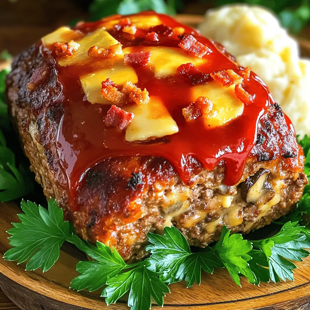 To make this delicious bacon mushroom swiss cheese meatloaf recipe, you need some key ingredients. First, gather 1 pound of ground beef and 1/2 pound of ground pork. The mix of meats gives great flavor and texture. Next, chop 1 cup of mushrooms and 1/4 cup of onion. You can use button or cremini mushrooms. Cook 1 cup of bacon until crispy and chop it up. You will also need 1 cup of shredded Swiss cheese, 1/2 cup of breadcrumbs, and 1/2 cup of milk. Don’t forget 2 cloves of minced garlic, 1 large egg, and 2 tablespoons of Worcestershire sauce. Finally, grab salt, pepper, and 1/4 cup of ketchup for topping.