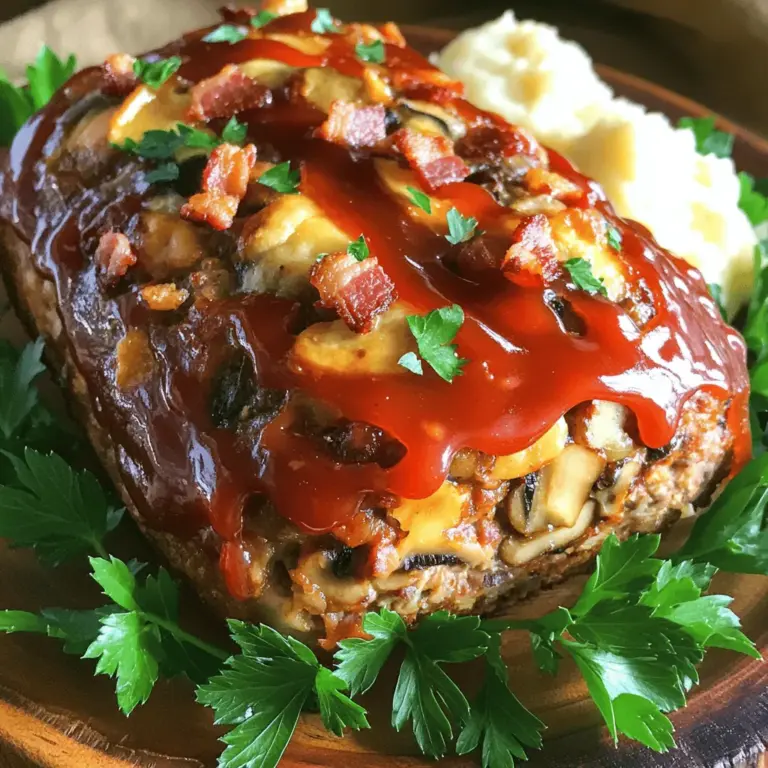 To make this delicious bacon mushroom swiss cheese meatloaf recipe, you need some key ingredients. First, gather 1 pound of ground beef and 1/2 pound of ground pork. The mix of meats gives great flavor and texture. Next, chop 1 cup of mushrooms and 1/4 cup of onion. You can use button or cremini mushrooms. Cook 1 cup of bacon until crispy and chop it up. You will also need 1 cup of shredded Swiss cheese, 1/2 cup of breadcrumbs, and 1/2 cup of milk. Don’t forget 2 cloves of minced garlic, 1 large egg, and 2 tablespoons of Worcestershire sauce. Finally, grab salt, pepper, and 1/4 cup of ketchup for topping.