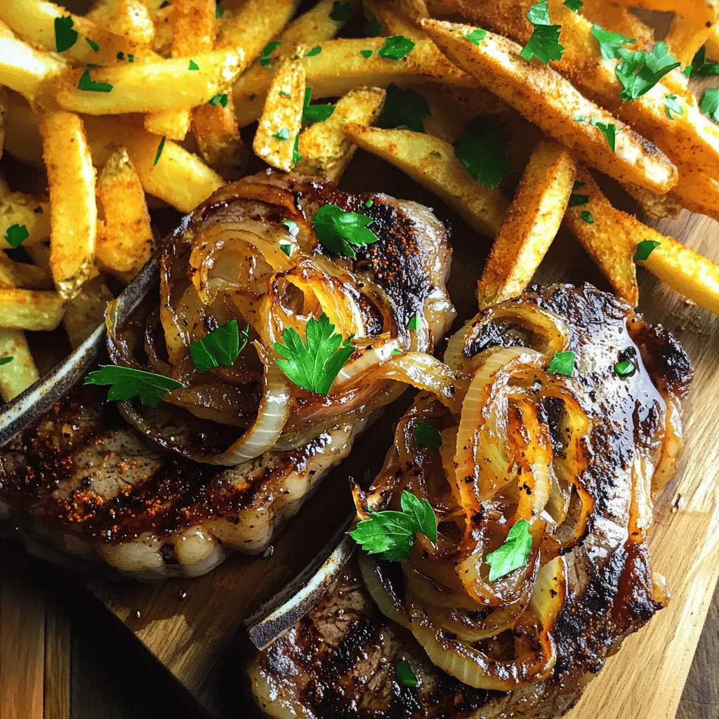 To make a ribeye steak with French onions and French fries, gather these key ingredients. You need two ribeye steaks, about one inch thick. Season them with salt and black pepper to taste. For cooking, use two tablespoons of olive oil.