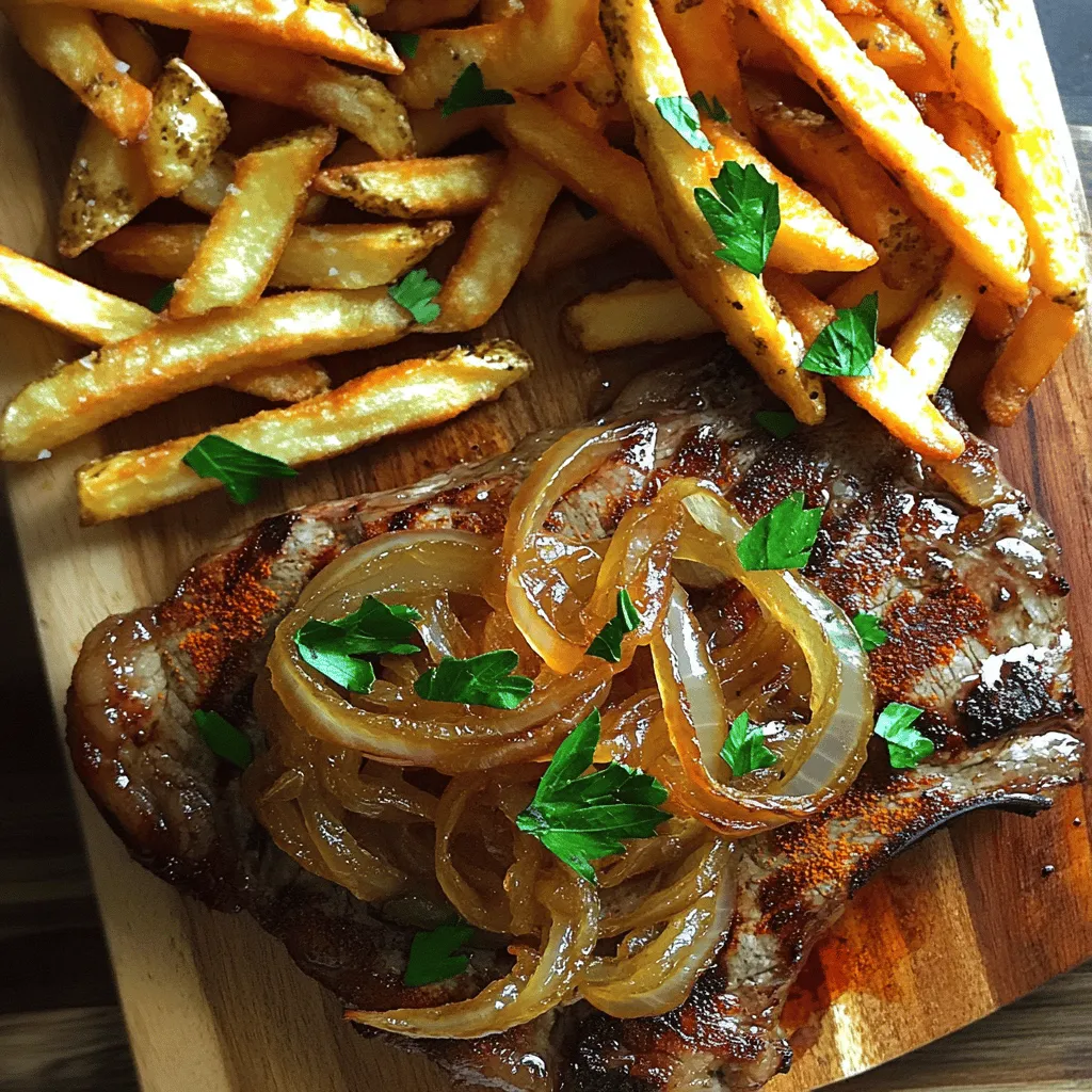 To make a ribeye steak with French onions and French fries, gather these key ingredients. You need two ribeye steaks, about one inch thick. Season them with salt and black pepper to taste. For cooking, use two tablespoons of olive oil.