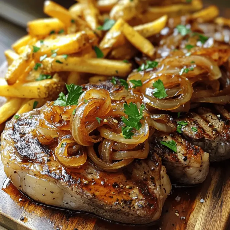 To make a ribeye steak with French onions and French fries, gather these key ingredients. You need two ribeye steaks, about one inch thick. Season them with salt and black pepper to taste. For cooking, use two tablespoons of olive oil.