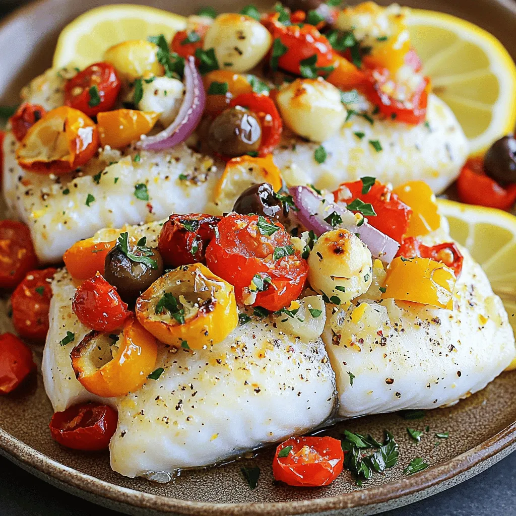 The Mediterranean baked fish recipe shines with fresh, vibrant ingredients. First, you need four white fish fillets, like cod or tilapia. They are mild and cook well in the oven. Next, gather two large tomatoes. Diced tomatoes add a juicy texture. You will also need one red bell pepper, sliced thin. This pepper gives a sweet crunch.