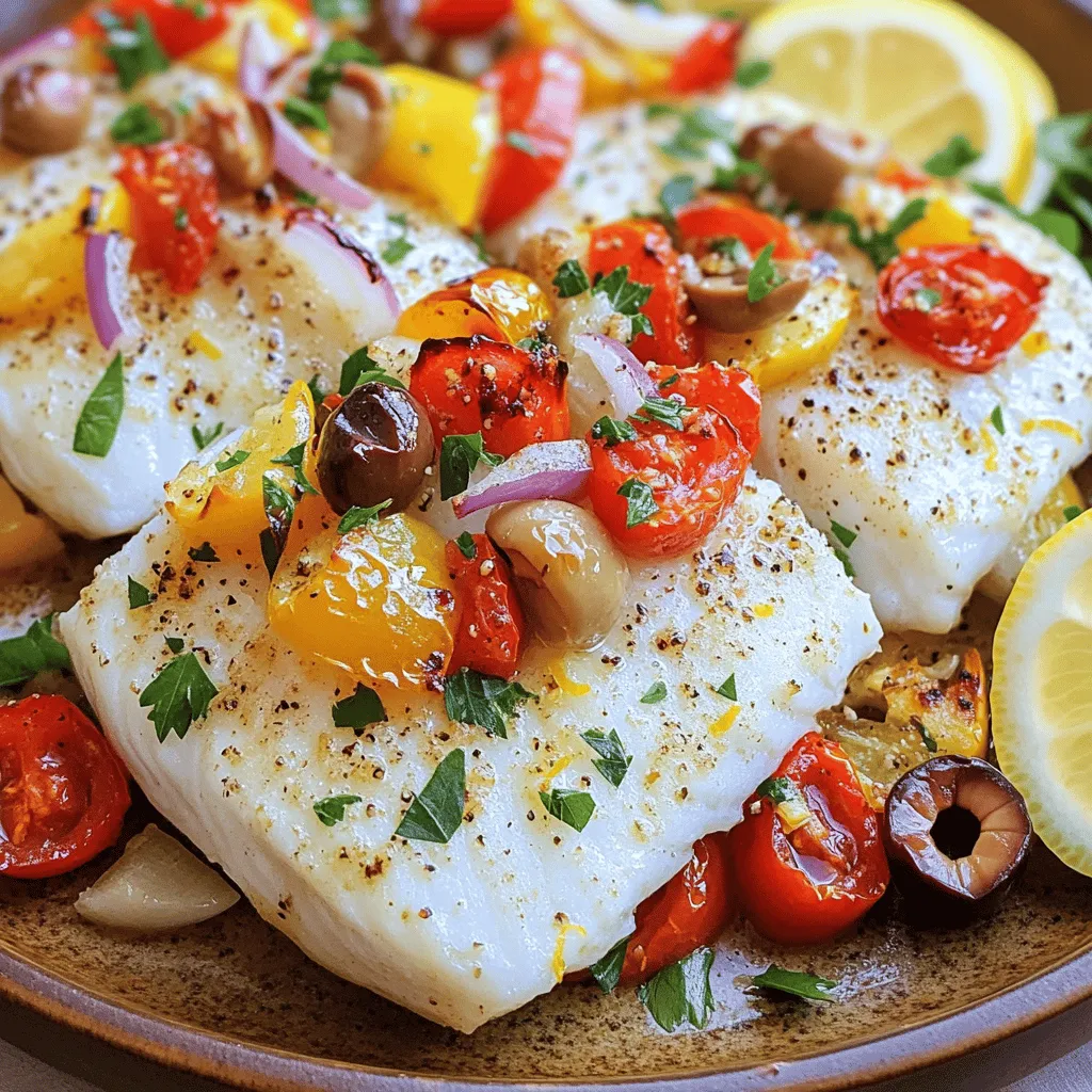 The Mediterranean baked fish recipe shines with fresh, vibrant ingredients. First, you need four white fish fillets, like cod or tilapia. They are mild and cook well in the oven. Next, gather two large tomatoes. Diced tomatoes add a juicy texture. You will also need one red bell pepper, sliced thin. This pepper gives a sweet crunch.