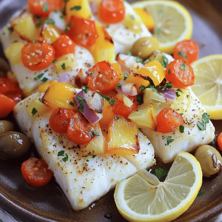 The Mediterranean baked fish recipe shines with fresh, vibrant ingredients. First, you need four white fish fillets, like cod or tilapia. They are mild and cook well in the oven. Next, gather two large tomatoes. Diced tomatoes add a juicy texture. You will also need one red bell pepper, sliced thin. This pepper gives a sweet crunch.