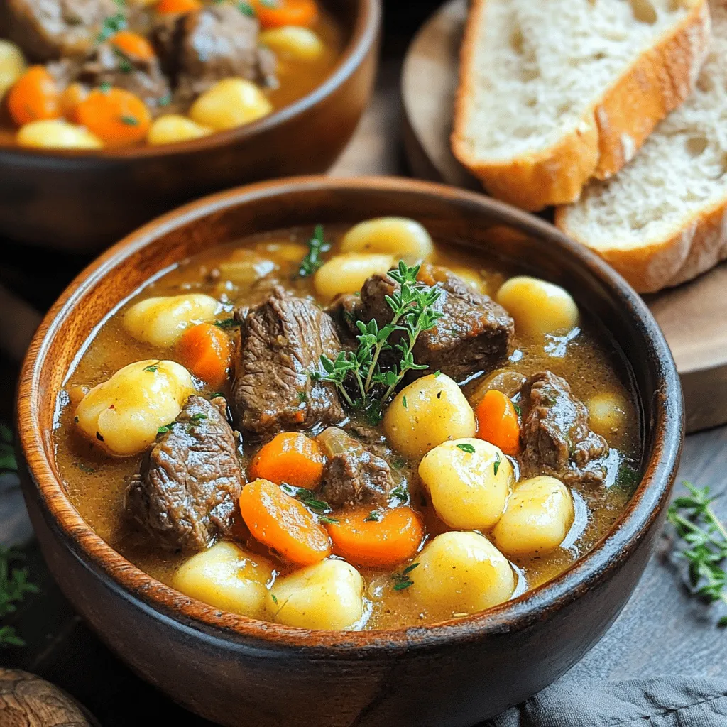 To create a warm potato gnocchi beef stew, you need some key ingredients. First, use 1 pound of beef chuck. This cut is rich and tender when cooked low and slow. You also need 2 tablespoons of olive oil for sautéing.