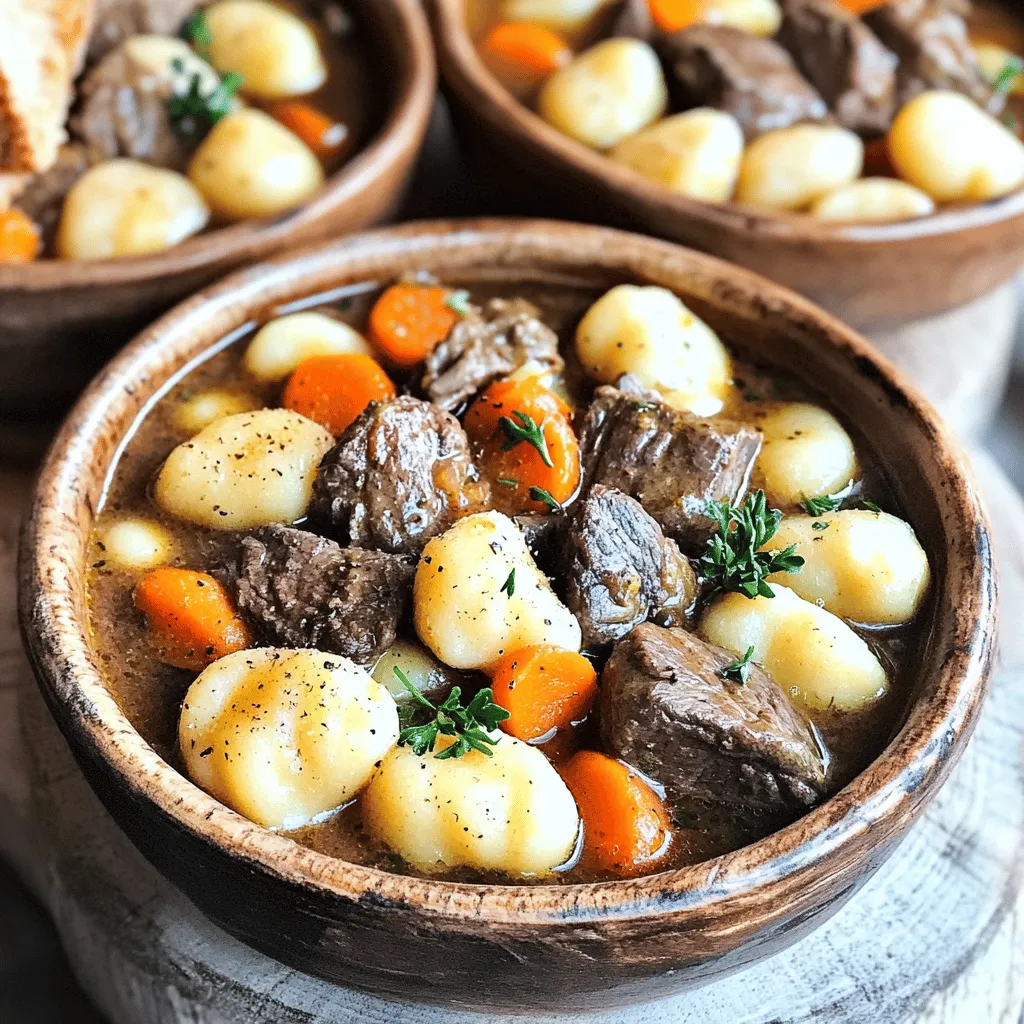 To create a warm potato gnocchi beef stew, you need some key ingredients. First, use 1 pound of beef chuck. This cut is rich and tender when cooked low and slow. You also need 2 tablespoons of olive oil for sautéing.