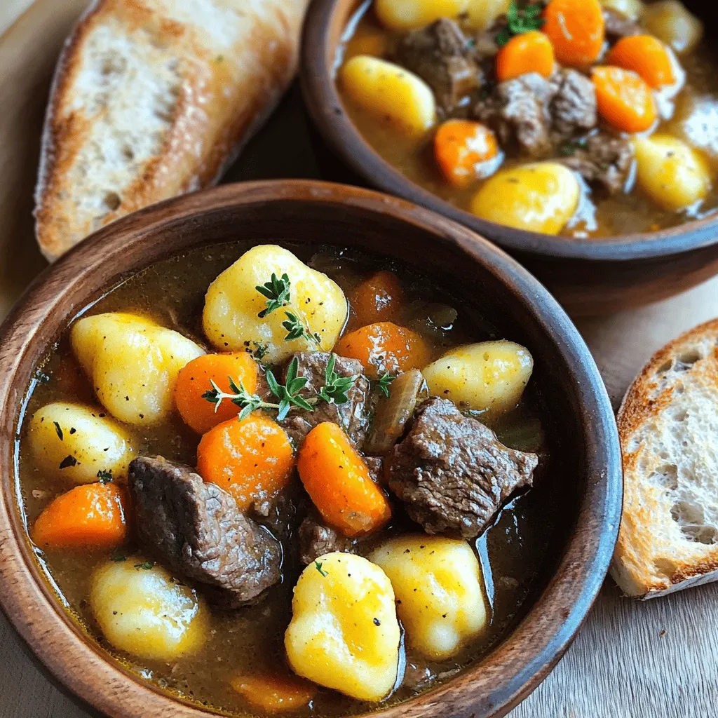 To create a warm potato gnocchi beef stew, you need some key ingredients. First, use 1 pound of beef chuck. This cut is rich and tender when cooked low and slow. You also need 2 tablespoons of olive oil for sautéing.