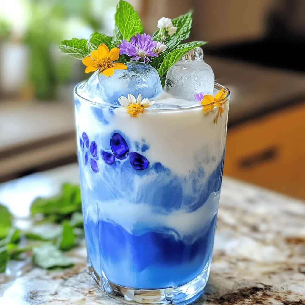 To create a lovely iced butterfly pea flower tea latte, you need a few key ingredients. First, you need butterfly pea flower tea leaves. These bright blue flowers add color and flavor to your drink. Next, use hot water to brew the tea. This step unlocks the flower's vibrant hue.