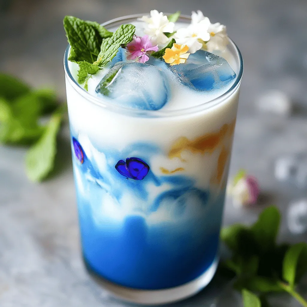To create a lovely iced butterfly pea flower tea latte, you need a few key ingredients. First, you need butterfly pea flower tea leaves. These bright blue flowers add color and flavor to your drink. Next, use hot water to brew the tea. This step unlocks the flower's vibrant hue.