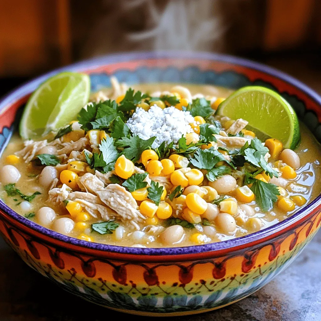 The key ingredients in Mexican street corn white chicken chili create a rich and tasty dish. This chili combines many flavors and textures.