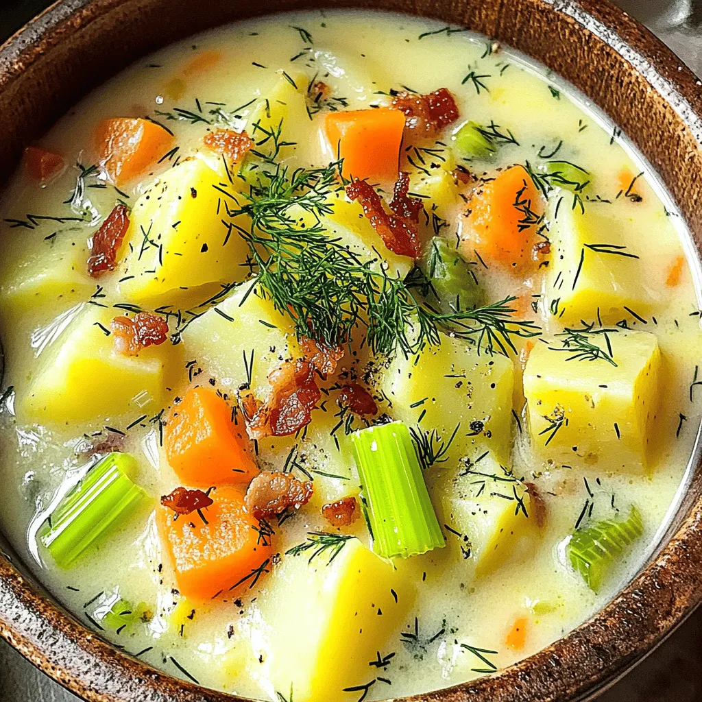 The key to a great Polish potato soup lies in its simple yet flavorful ingredients. We use <strong>Yukon Gold potatoes</strong> for their creaminess and rich taste. These potatoes blend well and add thickness to the soup.” /></p>
</p>
<h2>What Variations Can You Make on the Classic Polish Potato Soup Recipe?</h2>
</p>
<p>You can create many potato soup variations to suit your taste. For a vegetarian potato soup, simply swap the vegetable broth for chicken broth. This change maintains flavor while making it meat-free. You can also add more veggies like peas or corn for added color and crunch.</p>
</p>
<p>Many people love potato soup with bacon. Adding crispy bacon bits gives the soup a savory kick. You can mix the bacon into the soup or use it as a topping. This choice adds both flavor and texture.</p>
</p>
<p>There are some regional variations worth trying. For instance, in some areas, people add smoked sausage. This gives the soup a different depth of flavor. Other regions might use different herbs, like thyme or parsley. Each twist offers a new taste experience.</p>
</p>
<p>You can also play around with herbs. Try adding fresh chives or even spicy paprika for a unique flavor. Each addition makes the soup more personal to you. Enjoy experimenting with these options for your own creamy Polish potato soup. For the full recipe, check out the recipe section above.</p>
</p>
<h2>What Serving Suggestions Compliment Polish Potato Soup?</h2>
</p>
<p>Serving Polish potato soup is a joy. This creamy dish pairs well with many foods.</p>
</p>
<h3>What Types of Bread Pair Well with This Soup?</h3>
</p>
<p>The best bread to serve with this soup is crusty bread. A fresh baguette or a hearty sourdough works well. These breads soak up the soup’s rich flavors. You can also try rye bread for a traditional touch. It adds a nice earthy taste. Serve it warm, and you have a great combo.</p>
</p>
<h3>Are There Recommended Side Dishes for a Complete Meal?</h3>
</p>
<p>For a full meal, add a simple salad. A green salad with light dressing is great. It balances the creamy soup. You can also serve pickles or fermented vegetables. These add a crunch and a tangy flavor. They make the meal more exciting.</p>
</p>
<h3>What Garnishes Enhance the Presentation and Flavor?</h3>
</p>
<p>Garnishes make your soup look pretty and tasty. Chopped fresh dill is a must. It adds a fresh taste and bright color. You can also use crispy bacon bits or crunchy croutons. They add a nice texture. A drizzle of cream on top can make it look fancy. Just a little goes a long way.</p>
</p>
<p>For the full recipe, check out the details to create this comforting dish.</p>
</p>
<p><img decoding=