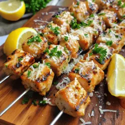 To make these garlic chicken skewers, gather some simple and fresh ingredients. You need one pound of boneless, skinless chicken breasts. Cut the chicken into one-inch cubes for even cooking.