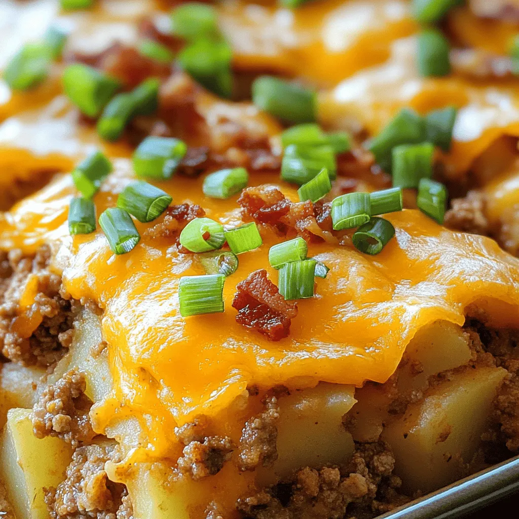 The loaded potato and meatloaf casserole recipe shines with its simple yet robust ingredients. This dish uses a mix of rich flavors and textures. The base starts with three large russet potatoes. These potatoes are great because they are starchy and creamy when cooked.