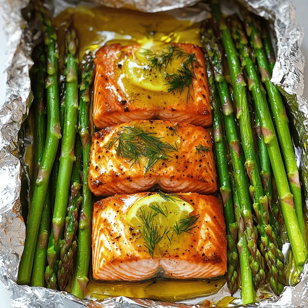 To make baked salmon in foil, you need simple, fresh ingredients. Start with <strong>2 salmon fillets</strong> weighing about 6 oz each. Next, grab <strong>1 bunch of asparagus</strong>, trimmed to fit your foil. For flavor, you’ll use <strong>2 tablespoons of olive oil</strong>, <strong>3 cloves of garlic</strong> minced, and the zest and juice of <strong>1 lemon</strong>. Don’t forget salt and pepper to taste. For extra flavor, add <strong>1 teaspoon of dried dill</strong> or fresh sprigs. Lastly, have <strong>1 teaspoon of paprika</strong> and <strong>1 tablespoon of butter</strong>, cut into small pieces. This is a great baked salmon recipe that’s easy to prepare.” /></p>
</p>
<h2>What Is the Step-by-Step Cooking Process for This Recipe?</h2>
</p>
<p>To cook salmon in foil, follow these steps closely. First, preheat your oven to 400°F (200°C). This temperature helps the salmon cook evenly. Next, prepare your foil. Cut two large pieces of aluminum foil, about 12×18 inches. Lay them flat on a baking sheet for easy handling.</p>
</p>
<p>Now, let’s focus on the asparagus. In a bowl, toss the trimmed asparagus with one tablespoon of olive oil, salt, and pepper. This step makes the veggies tasty and bright.</p>
</p>
<p>For the sauce, combine minced garlic, lemon zest, lemon juice, one tablespoon of olive oil, dill, paprika, and a pinch of salt and pepper in a small bowl. Mix well to create a flavorful sauce.</p>
</p>
<h3>How to Assemble the Foil Packets Correctly?</h3>
</p>
<p>When it’s time to assemble, place a salmon fillet in the center of each foil piece. Surround it with an equal amount of seasoned asparagus. This layout helps the flavors blend. Drizzle half of the lemon garlic sauce over each salmon fillet and asparagus. Then, add a few small pieces of butter on top of each fillet.</p>
</p>
<p>To seal the packets, fold the edges of the foil over tightly. Make sure to leave some space inside. This space allows steam to form, cooking the salmon perfectly.</p>
</p>
<h3>What Is the Ideal Baking Temperature and Time?</h3>
</p>
<p>Now, place the foil packets on the baking sheet and slide them into the preheated oven. Bake for 20-25 minutes, depending on the thickness of the salmon fillets. A good rule is to check if the salmon flakes easily with a fork; this shows it’s done.</p>
</p>
<h3>How to Ensure Perfectly Cooked Salmon?</h3>
</p>
<p>To ensure perfectly cooked salmon, avoid overcooking. The salmon should be moist and tender. If you like, use a meat thermometer. The internal temperature should reach 145°F (63°C).</p>
</p>
<p>Once cooked, carefully open the foil packets, as steam can escape quickly. Transfer the salmon and asparagus to plates. Drizzle any remaining garlic sauce over the top for extra flavor. Follow this step-by-step guide, and you will enjoy a healthy meal idea that is both simple and delicious. For more details, check out the Full Recipe.</p>
</p>
<h2>What Variations Can You Make to This Baked Salmon Recipe?</h2>
</p>
<p>You can easily change up this baked salmon recipe to suit your taste. First, consider ingredient swaps. If you don’t have asparagus, try green beans or broccoli. Both will cook well in the foil. You can also swap salmon for other fish like trout or halibut. Just keep an eye on the cooking time as they may need less time.</p>
</p>
<p>Next, explore different flavors with marinades. For a tropical twist, use pineapple juice and ginger. You can mix soy sauce with sesame oil for an Asian flair. Create a spicy version by adding red pepper flakes or sriracha to the sauce. Each variation offers a new taste experience.</p>
</p>
<p>Seasonal vegetables enhance the dish too. In spring, snap peas or baby carrots work well. In summer, zucchini or bell peppers add color and flavor. In fall, try butternut squash or Brussels sprouts. Each vegetable brings its unique taste and texture to the meal.</p>
</p>
<p>For the full recipe, check out the Lemon Garlic Foil-Wrapped Salmon with Asparagus. This dish is not only quick and easy but also fun to customize for your family. Enjoy experimenting with flavors and ingredients!</p>
</p>
<p><img decoding=