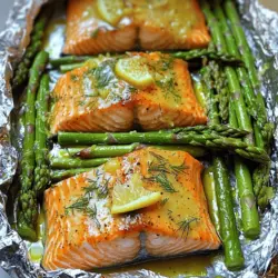 To make baked salmon in foil, you need simple, fresh ingredients. Start with 2 salmon fillets weighing about 6 oz each. Next, grab 1 bunch of asparagus, trimmed to fit your foil. For flavor, you'll use 2 tablespoons of olive oil, 3 cloves of garlic minced, and the zest and juice of 1 lemon. Don’t forget salt and pepper to taste. For extra flavor, add 1 teaspoon of dried dill or fresh sprigs. Lastly, have 1 teaspoon of paprika and 1 tablespoon of butter, cut into small pieces. This is a great baked salmon recipe that’s easy to prepare.