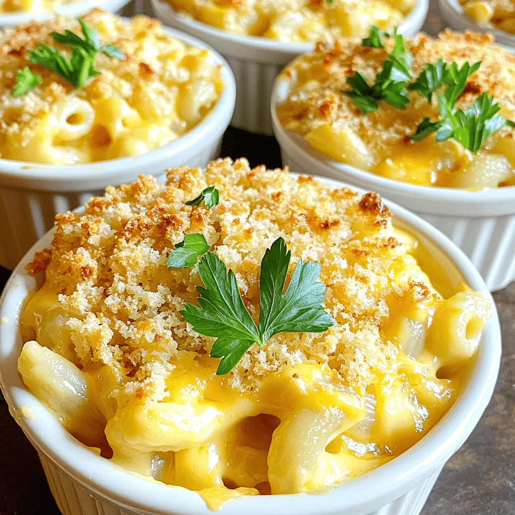 To make an easy baked macaroni and cheese recipe, you will need simple ingredients. First, gather <strong>8 ounces of elbow macaroni</strong>. This pasta shape holds cheese well. Next, have <strong>2 tablespoons of unsalted butter</strong>. The butter adds richness to the sauce. You will also need <strong>2 tablespoons of all-purpose flour</strong> to thicken the cheese sauce.” /></p>
</p>
<h2>What Are the Tips for Perfecting Baked Mac and Cheese?</h2>
</p>
<p>To bake the perfect mac and cheese, you need some key tips.</p>
</p>
<h3>How Long Should You Bake It For Optimal Texture?</h3>
</p>
<p>Bake it for 20 to 25 minutes. This time gives it a nice, golden top. The heat helps the cheese melt well and blend with the pasta. If you like a crispy top, broil it for a minute at the end. Watch it closely to avoid burning.</p>
</p>
<h3>What Are Common Mistakes to Avoid?</h3>
</p>
<p>One common mistake is overcooking the pasta. Cook it just until al dente. It will continue cooking in the oven. Another mistake is not using enough cheese. Use a mix of cheeses for great flavor. Lastly, don’t skip the resting time after baking. Letting it sit for 5 minutes helps the dish set.</p>
</p>
<h3>How Can You Ensure the Mac and Cheese Stays Creamy?</h3>
</p>
<p>To keep it creamy, use whole milk with your cheese. Whole milk has more fat, which adds creaminess. Stir the cheese in slowly to avoid lumps. You can also add a splash of cream for extra richness. If it seems too thick, add a little more milk before baking. This ensures that every bite stays rich and delicious.</p>
</p>
<p>For the complete recipe, check out the Full Recipe above.</p>
</p>
<h2>What Variations Can You Try with Your Mac and Cheese?</h2>
</p>
<p>You can make baked mac and cheese fun and unique with a few tasty twists.</p>
</p>
<h3>What Unique Ingredients Can You Add for a Twist?</h3>
<p>Try adding vegetables to your mac and cheese. Broccoli and spinach work well. They add color and nutrition. You can also mix in some cooked bacon for a savory kick. Bacon adds crunch and flavor that many enjoy. For a gourmet touch, use different cheeses like gouda or blue cheese. These can change the taste and make it rich.</p>
</p>
<h3>How Can You Make It Kid-Friendly?</h3>
<p>Kids love mac and cheese, but you can make it even better. Use fun-shaped pasta like shells or spirals. Adding sweet peas or carrots can also make it colorful. Try a sprinkle of mild cheese on top to make it appealing. You can let kids help mix in their favorite ingredients. This makes them more excited to eat!</p>
</p>
<h3>What Are Some Popular Pairings or Toppings?</h3>
<p>For toppings, consider crispy breadcrumbs mixed with cheese. This gives a crunchy layer on top. You could also add a drizzle of hot sauce for those who like a kick. Serve your mac and cheese with a fresh salad or garlic bread. These sides balance the richness and add freshness.</p>
</p>
<p>Experimenting with these ideas can help you create a dish that everyone loves. For the full recipe, check out the Cheesy Bliss Baked Mac & Cheese.</p>
</p>
<p><img decoding=