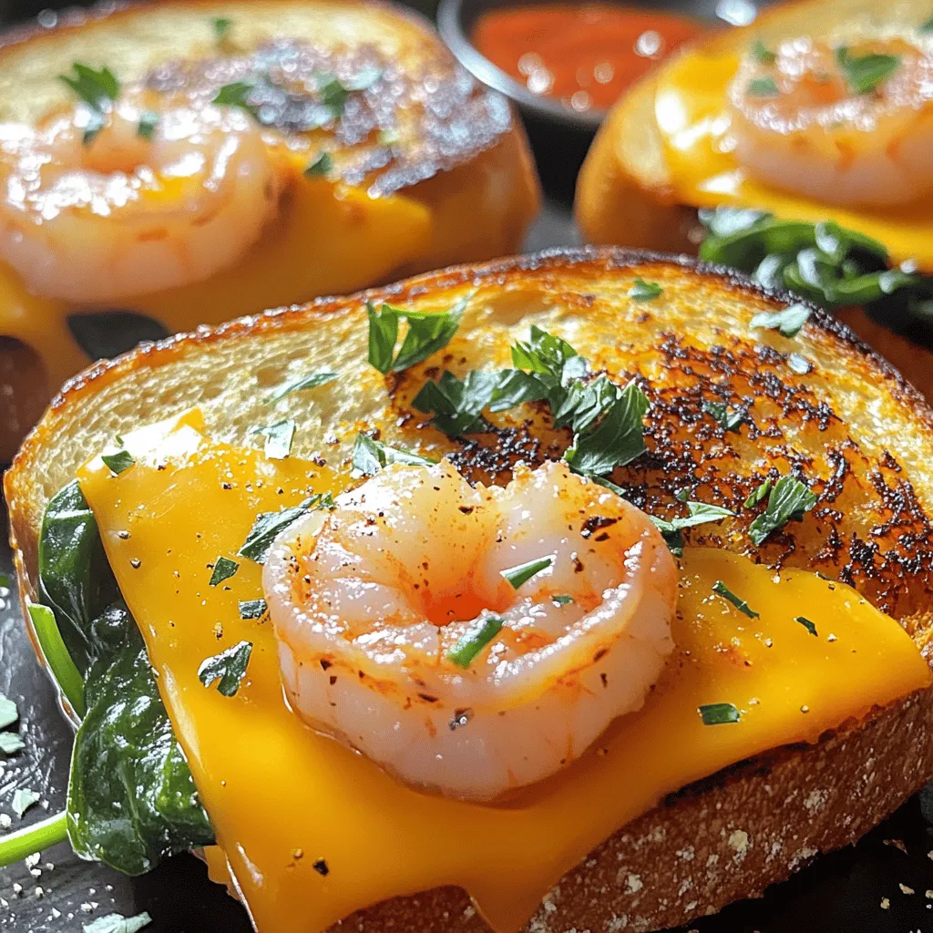 The garlic butter shrimp grilled cheese sandwich shines with its simple yet bold flavors. The main ingredient is shrimp. I recommend using fresh, raw shrimp. They bring a sweet and tender bite to the dish. You want shrimp that are peeled and deveined for ease. This makes cooking quick and easy.