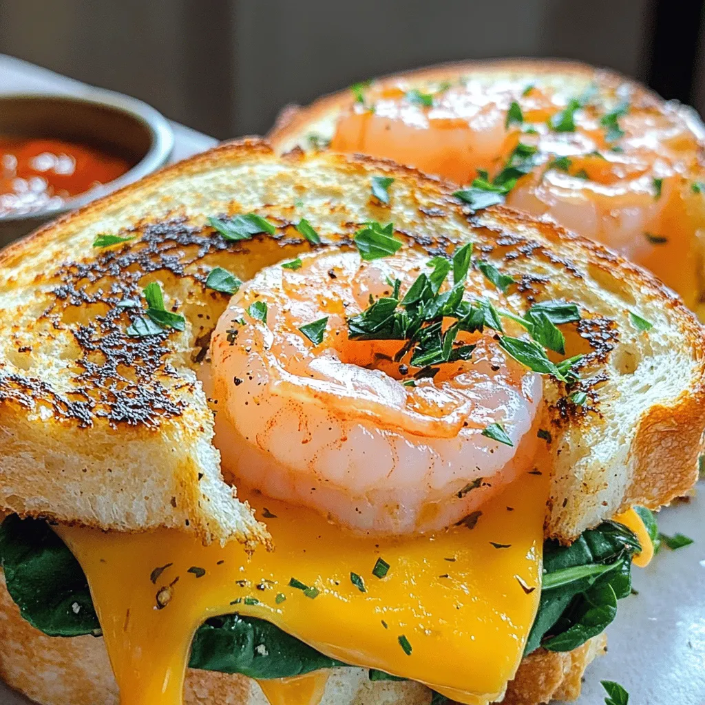 The garlic butter shrimp grilled cheese sandwich shines with its simple yet bold flavors. The main ingredient is shrimp. I recommend using fresh, raw shrimp. They bring a sweet and tender bite to the dish. You want shrimp that are peeled and deveined for ease. This makes cooking quick and easy.