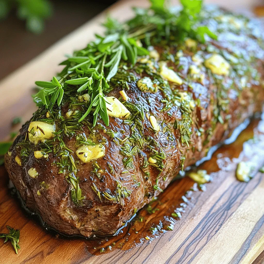 To make the best herb butter beef tenderloin roast, you need key ingredients. Start with 2.5 pounds of beef tenderloin. This cut is tender and rich. You also need half a cup of unsalted butter, which adds creaminess. Fresh garlic gives it a bold flavor. Use four cloves, minced finely. For herbs, you want rosemary, thyme, and parsley. One tablespoon of each, chopped, works great. Finally, add salt and black pepper for seasoning.