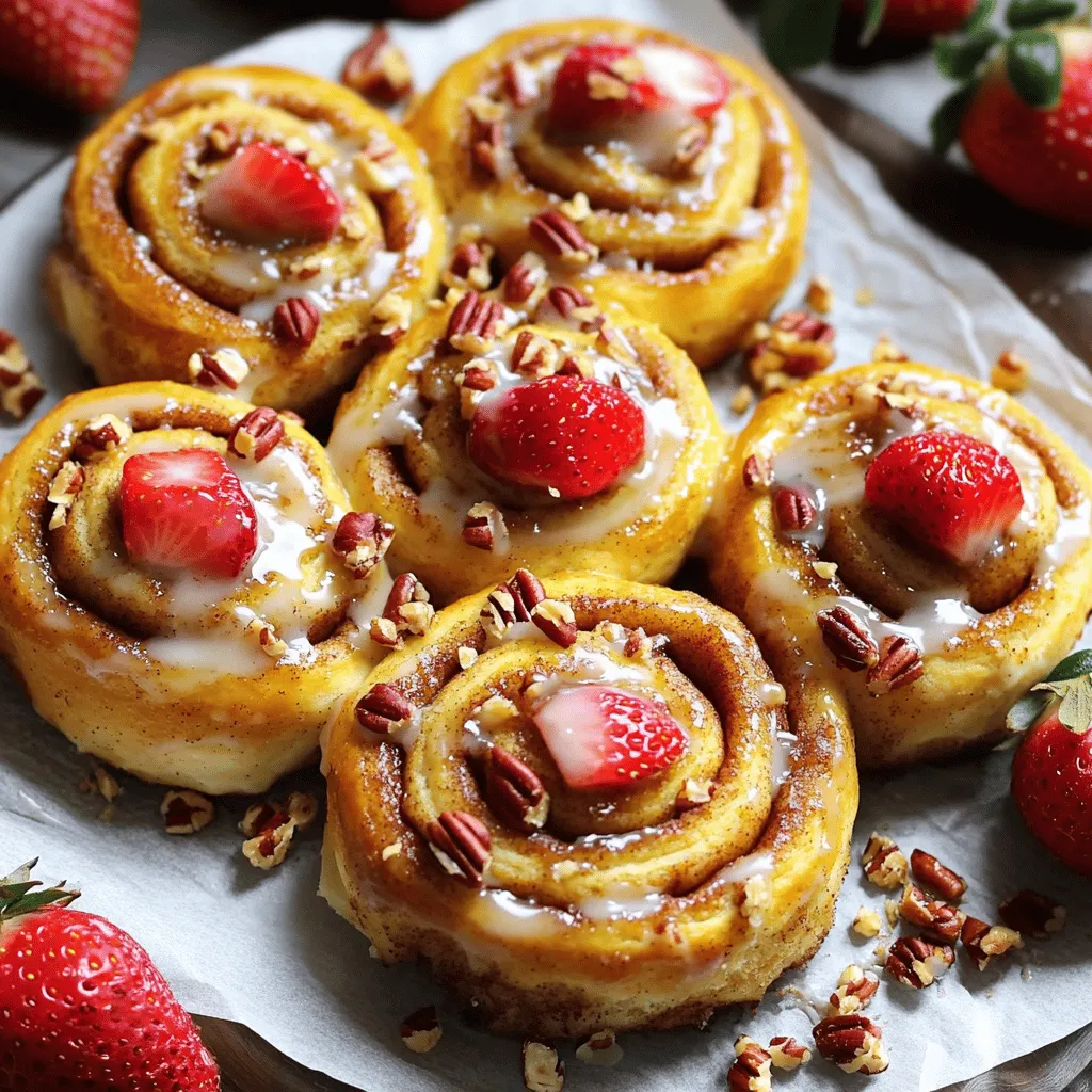 Strawberry cheesecake cinnamon rolls with pecans are a fun twist on classic rolls. These rolls combine soft cinnamon dough with a rich cream cheese filling. The addition of strawberries adds a fresh and fruity taste. Chopped pecans give a nice crunch and nutty flavor.