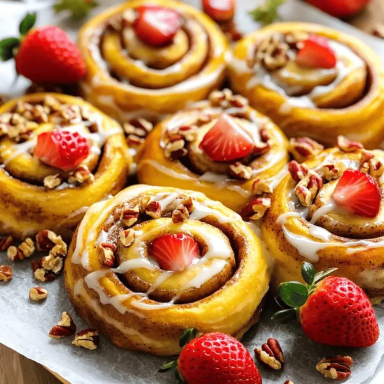 Strawberry cheesecake cinnamon rolls with pecans are a fun twist on classic rolls. These rolls combine soft cinnamon dough with a rich cream cheese filling. The addition of strawberries adds a fresh and fruity taste. Chopped pecans give a nice crunch and nutty flavor.