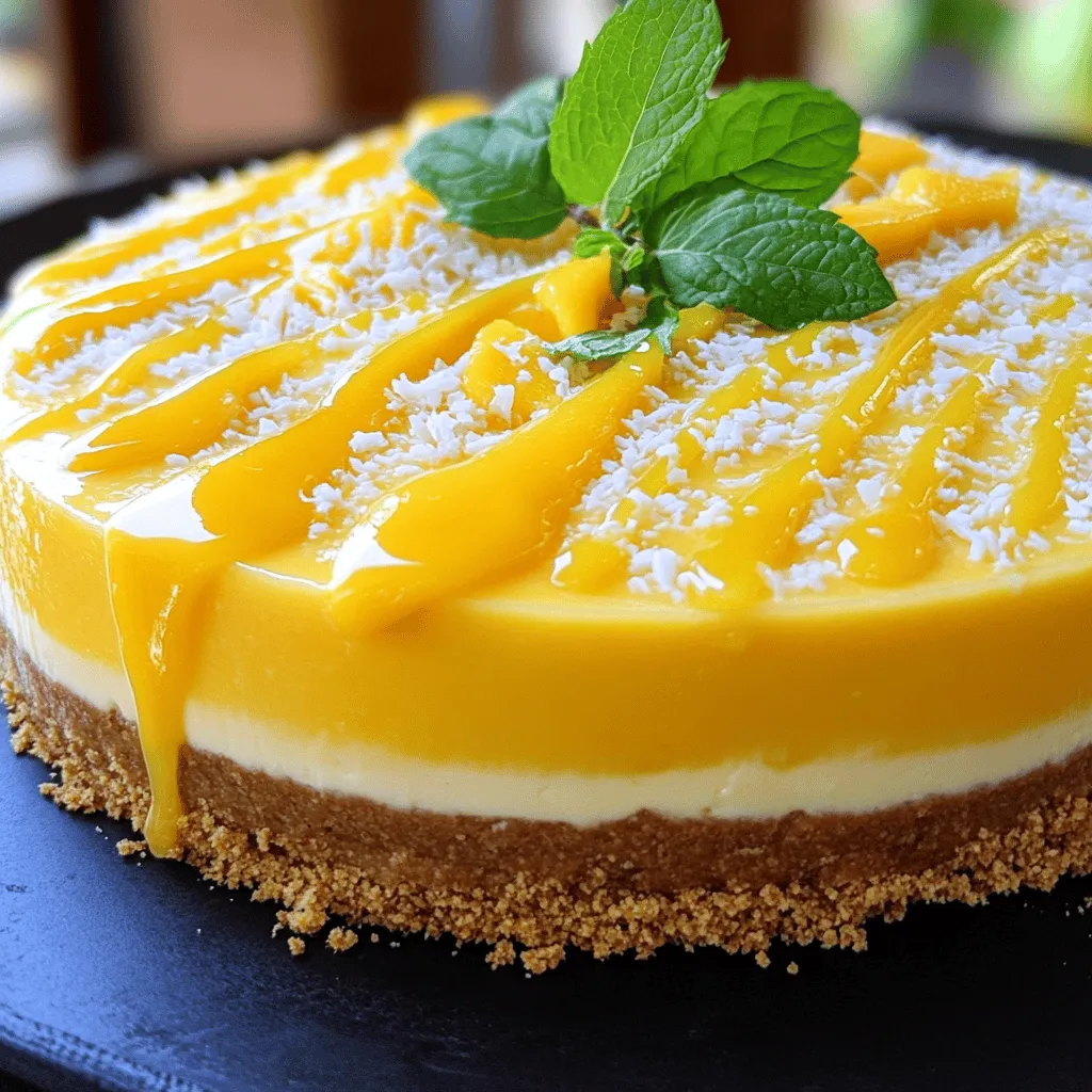 To make a great tropical mango cheesecake, you need key ingredients. The crust gives the cheesecake a solid base. I use 1 ½ cups of crushed graham crackers and ½ cup of unsweetened shredded coconut. These create a crunchy and sweet crust. You also need ½ cup of unsalted butter, melted, to bind it all together.