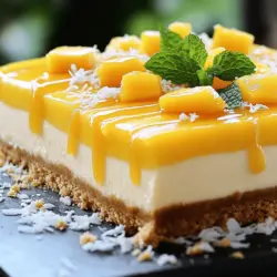 To make a great tropical mango cheesecake, you need key ingredients. The crust gives the cheesecake a solid base. I use 1 ½ cups of crushed graham crackers and ½ cup of unsweetened shredded coconut. These create a crunchy and sweet crust. You also need ½ cup of unsalted butter, melted, to bind it all together.