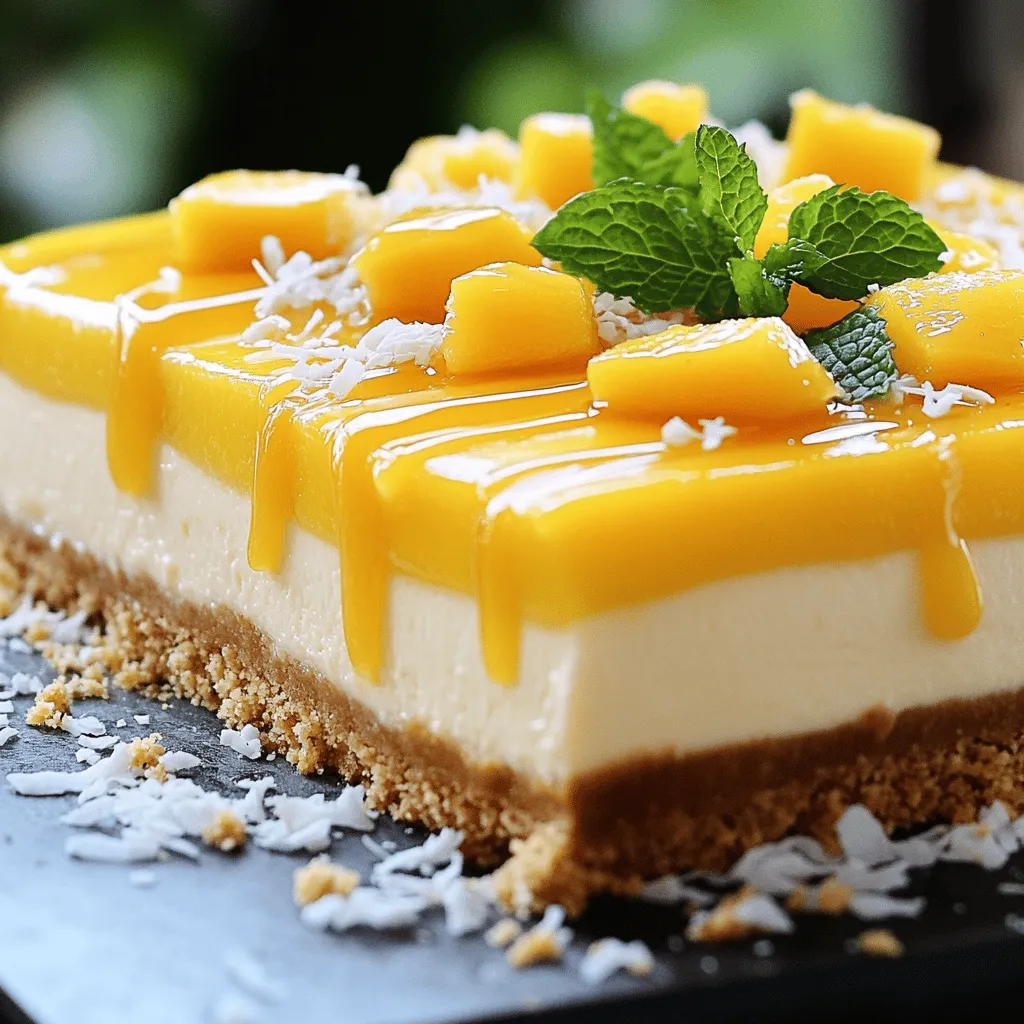 To make a great tropical mango cheesecake, you need key ingredients. The crust gives the cheesecake a solid base. I use 1 ½ cups of crushed graham crackers and ½ cup of unsweetened shredded coconut. These create a crunchy and sweet crust. You also need ½ cup of unsalted butter, melted, to bind it all together.