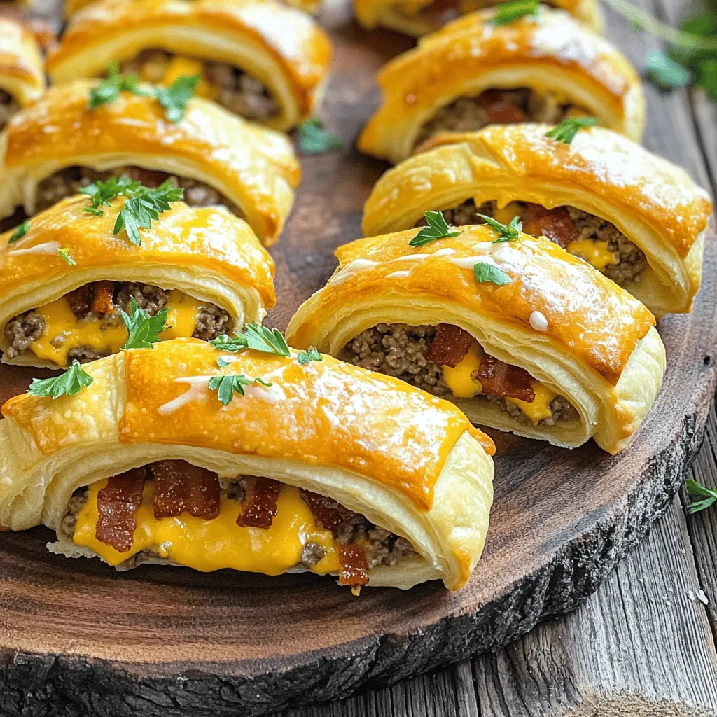 Garlic butter bacon cheeseburger rollups are a tasty twist on classic flavors. They combine ground beef, cheese, and bacon, all wrapped in buttery crescent roll dough. This dish packs a punch of flavor in every bite.