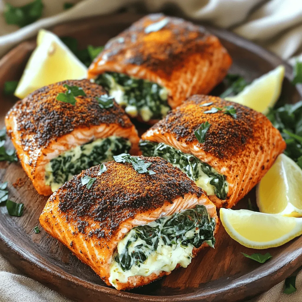 To make this blackened salmon recipe, gather fresh and flavorful ingredients. You will need four salmon fillets, each weighing six ounces. The salmon should be firm and bright in color. Next, chop one cup of fresh spinach. This will make a great creamy spinach filling.