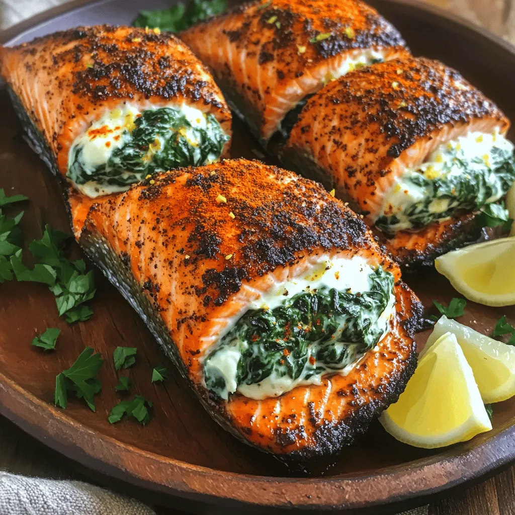 To make this blackened salmon recipe, gather fresh and flavorful ingredients. You will need four salmon fillets, each weighing six ounces. The salmon should be firm and bright in color. Next, chop one cup of fresh spinach. This will make a great creamy spinach filling.