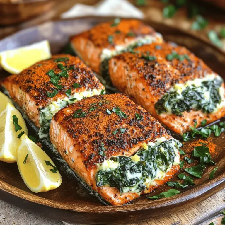 To make this blackened salmon recipe, gather fresh and flavorful ingredients. You will need four salmon fillets, each weighing six ounces. The salmon should be firm and bright in color. Next, chop one cup of fresh spinach. This will make a great creamy spinach filling.