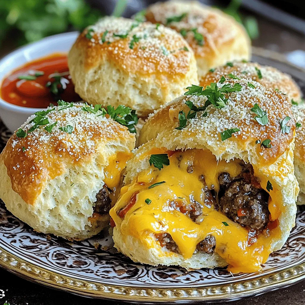 Garlic Parmesan cheeseburger bombs are a fun twist on classic flavors. They are small, tasty bites that combine juicy meatballs and cheesy goodness. You wrap these in biscuit dough and bake them until golden. Each bite bursts with flavor, making them great for any gathering.